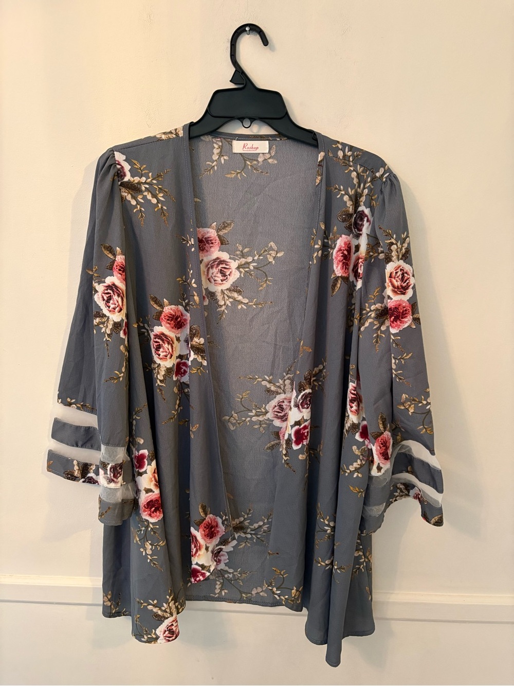 Roshop Womens Gray  Floral Stretch Open Cover-up-Kimono Sleeve Sz XXL.